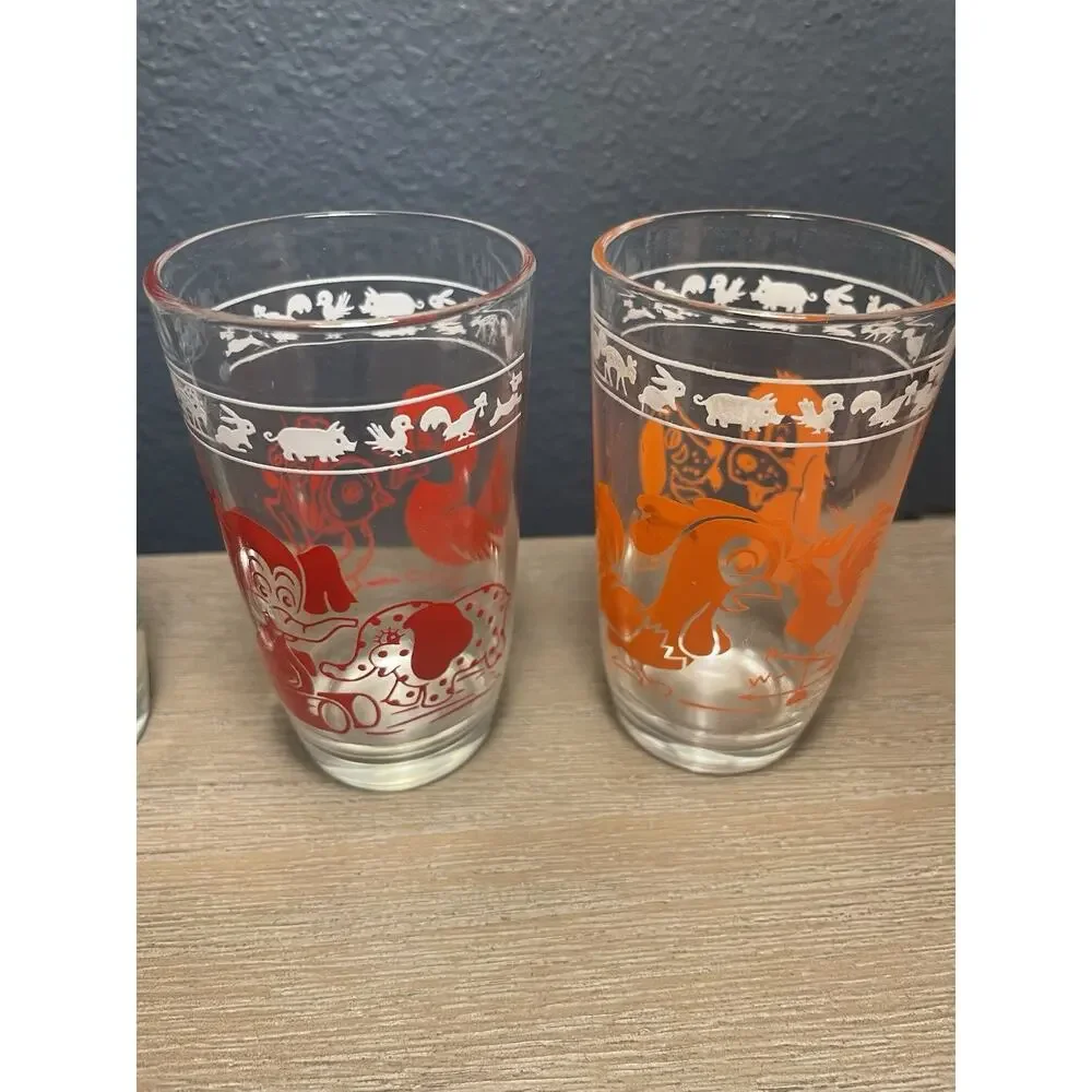 1956 Kraft Swanky Swigs Kiddie Kups Set 6 Hazel Atlas Animal Juice Glasses